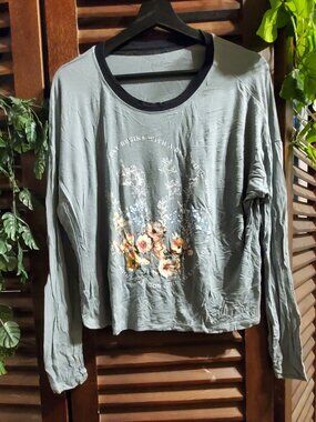 Rebellious One Teal Floral Graphic Contrast Trim Long Sleeve Tee Size L
